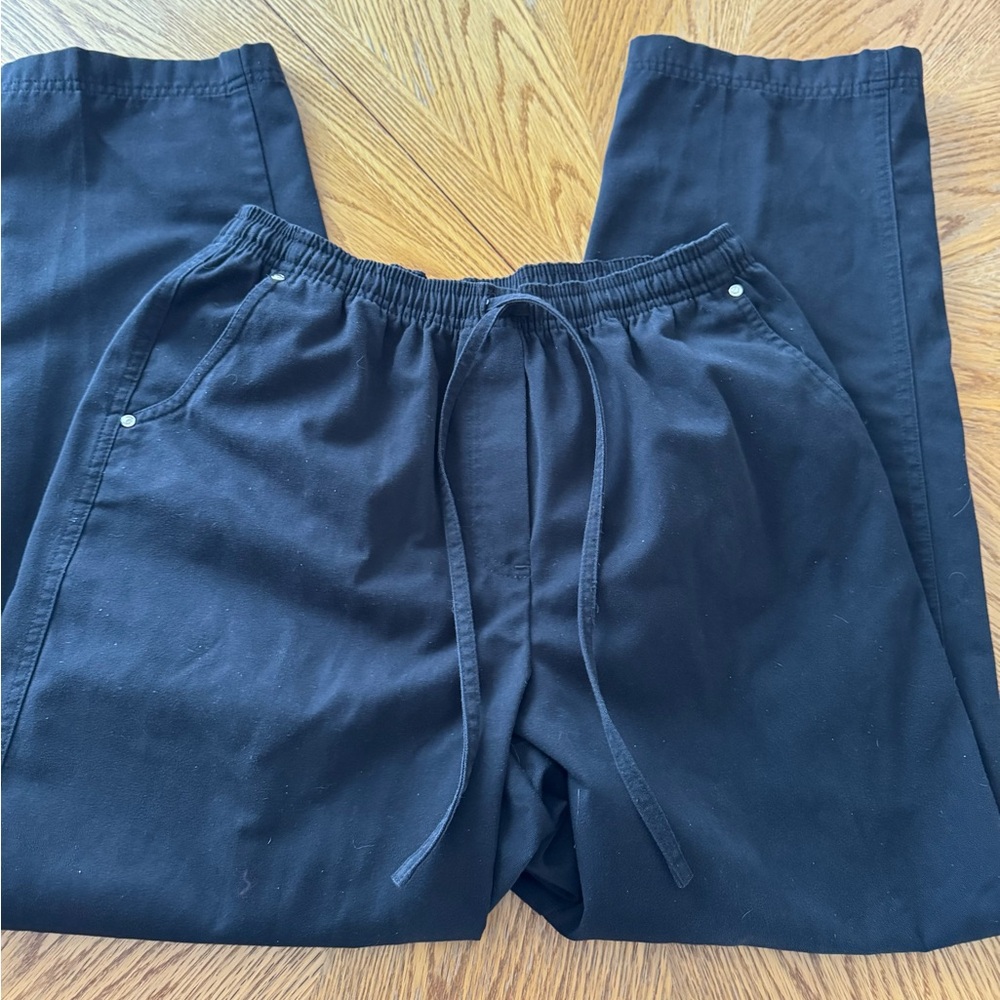Style works black cotton elastic waist draw string straight leg chino pants 8P